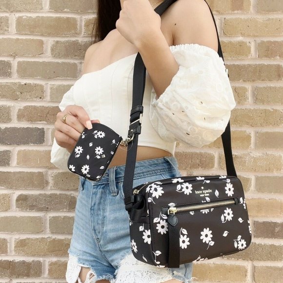 Kate Spade Chelsea Little Better Nylon Camera Bag Coin Pouch Black White Flower - Picture 1 of 4